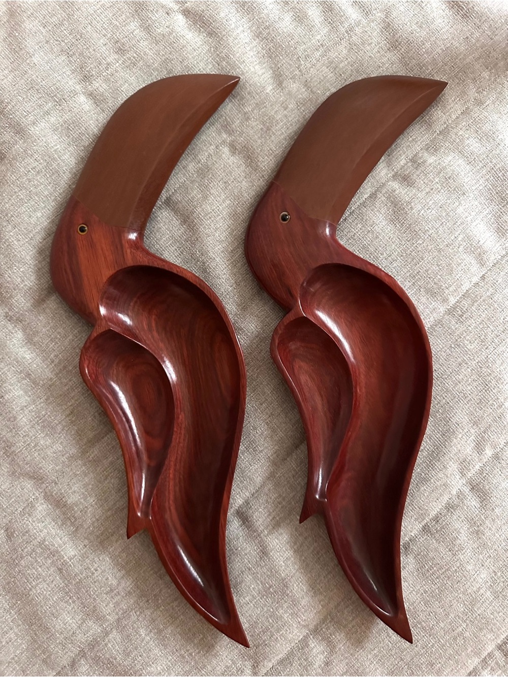 2 Handmade Tropical Hardwood Toucan Divided Serving Trays 2 Types Of Wood VTG